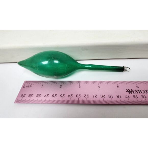 Vintage Green Glass Teardrop Ornament West Germany Long Neck 6" Hand Blown - Picture 3 of 7